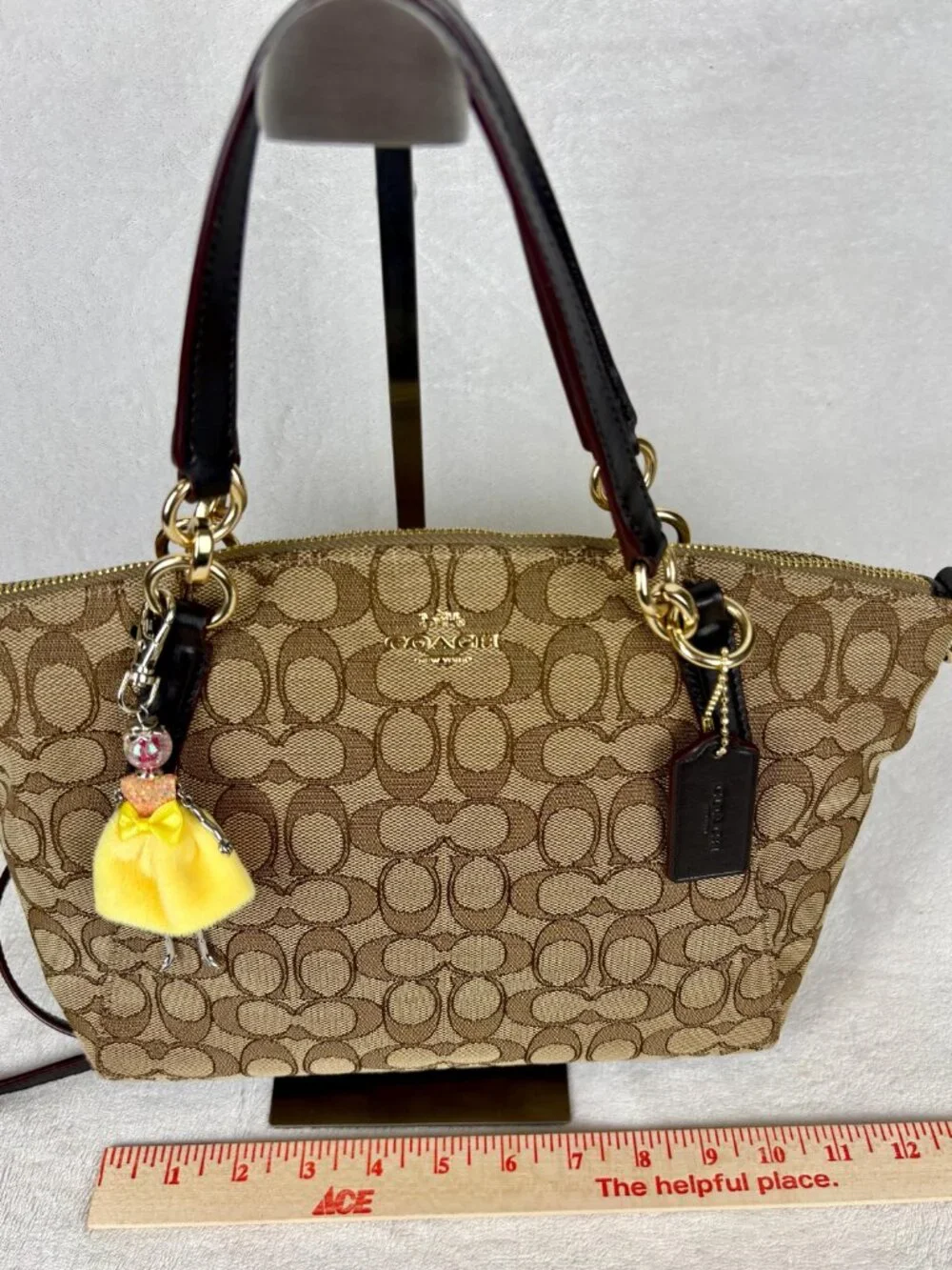 Coach Small Kelsey Satchel in Khaki Signature Jacquard, Leather Trim, Charm